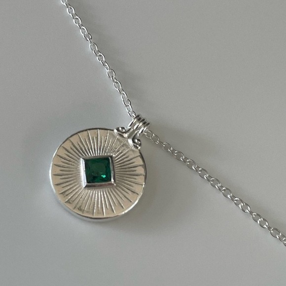 Sterling Silver Round Medallion Emerald Necklace - Picture 6 of 8